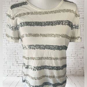 Neutral white with silver & white/gray sequins on crew neck sweater, year round